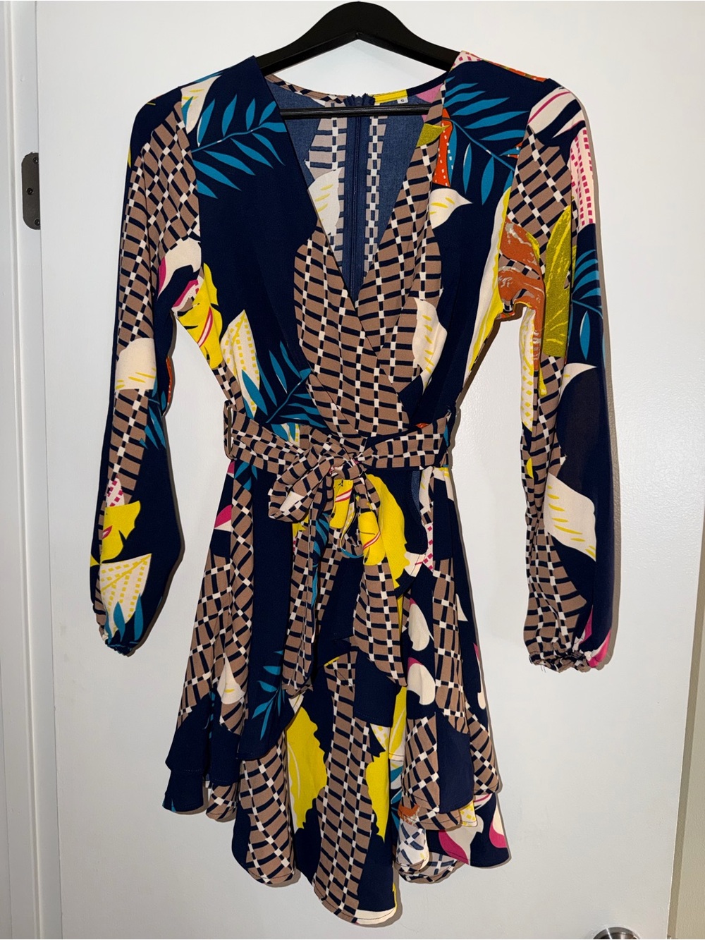 Wrap Front Floral Print Dress in Navy and Yellow